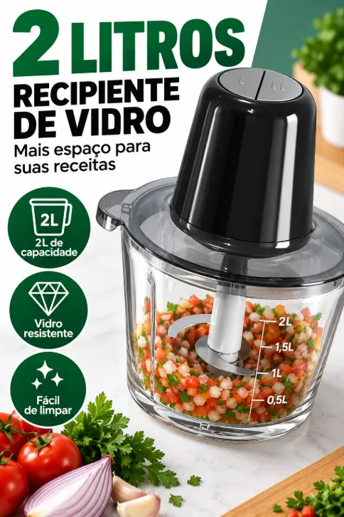 2 litros: recipiente de vidro com mais espaço para suas receitas. 2L de capacidade, vidro resistente e fácil de limpar, com marcações de 0,5L a 2L na tigela