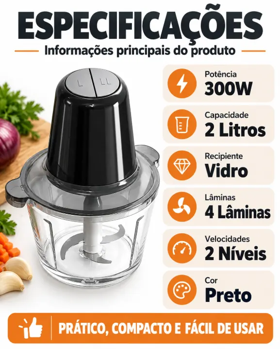 Especificações do Processador MultMix 2L: potência 300W, capacidade 2 litros, recipiente de vidro, 4 lâminas, 2 níveis de velocidade, cor preto. Prático, compacto e fácil de usar