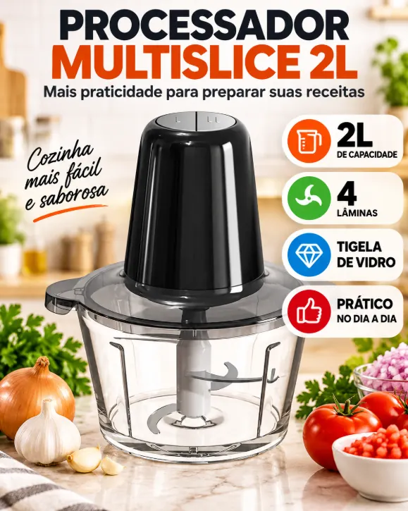 Processador MultMix 2L com tigela de vidro: 2L de capacidade, 4 lâminas, tigela de vidro e prático no dia a dia