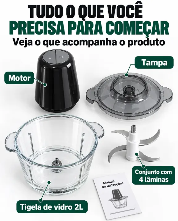 Peças do MultMix separadas: motor, tampa, tigela de vidro 2L, conjunto com 4 lâminas e manual de instruções