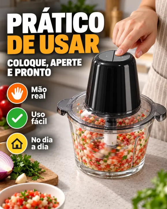 Mão real apertando o motor do MultMix sobre a tigela de vidro: coloque, aperte e pronto