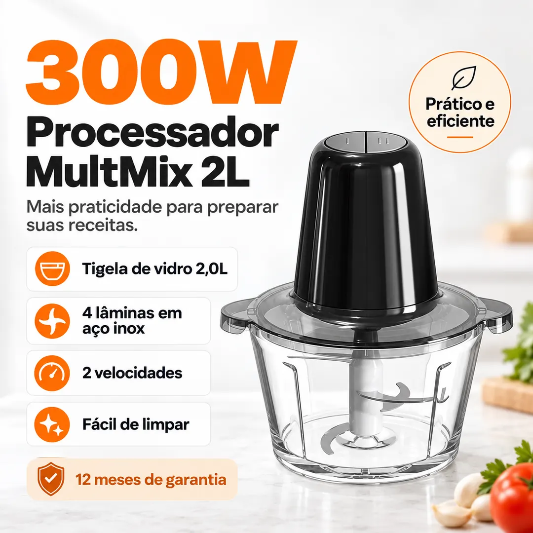 Processador 300W MultMix 2L em bancada de cozinha, com 12 meses de garantia